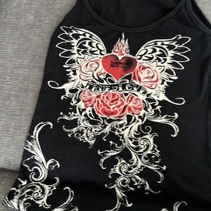 Black with red heart and other designs Jazzercise top in mint condition